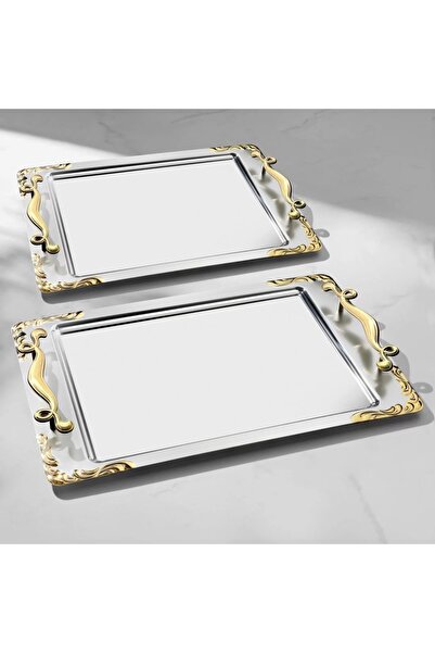 Nehir Stainless Steel Tray Set of 2 pieces with Gold Handle