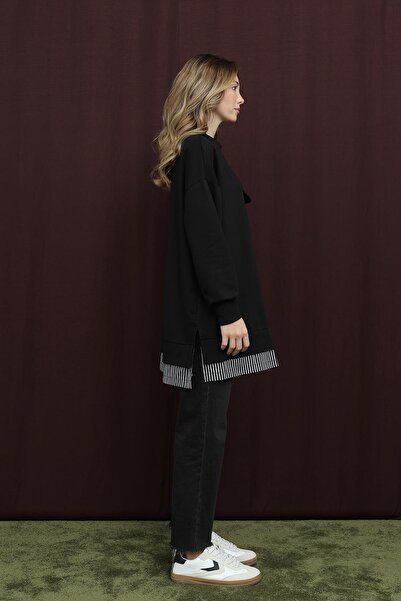 Puane Women's Black Colored Two Thread Combed Cotton Fabric Pocket Bronch Detailed Tunic 10720