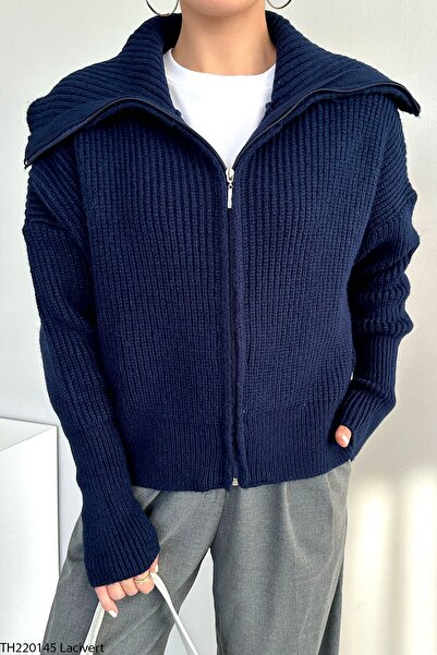 My Blog كارديجان سميك بسحاب باللون الأزرق الداكن - 220145