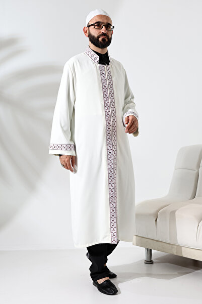 ihvanonline Red Pattern Embroidered Cream Imam Robe with Snap Closure and Pockets