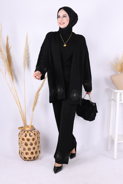 Bym Fashion Lotus Flower Kimono and Pants Set 17003 Black-Gold