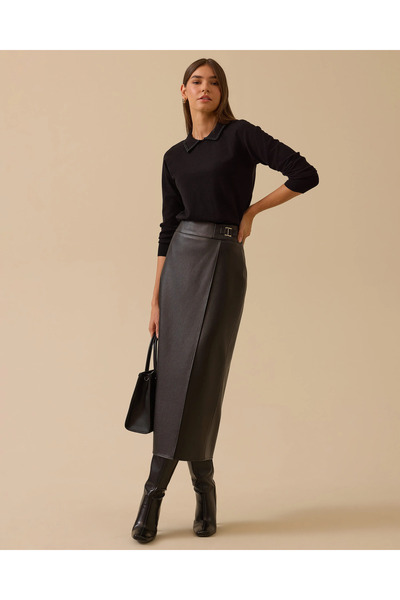 SEÇİL Faux Leather Metal Buckle Pencil Skirt