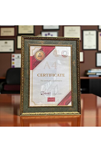 Peramari Decorative Wooden Art Certificate Frame Khaki Green Gold A4 Size