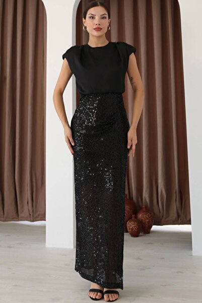 lodmela Saten Kombinli Payetli Kalem Elbise 6044-Siyah