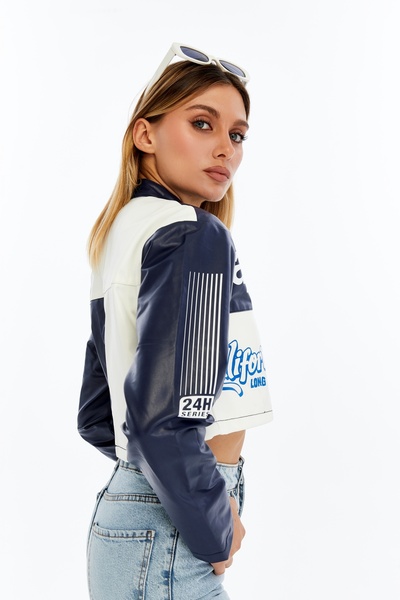 CHOS7N Жіноча шкіряна куртка Crop – Кольорова куртка в стилі мотоцикліста з принтом – Коротка куртка Багатокольорова куртка – Комір-стійка