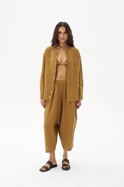 Beauty Omelette Camel Keten Şalvar Kesim Pantolon