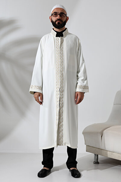 ihvanonline Silver Pattern Embroidered Cream Imam Robe with Snap Closure and Pockets