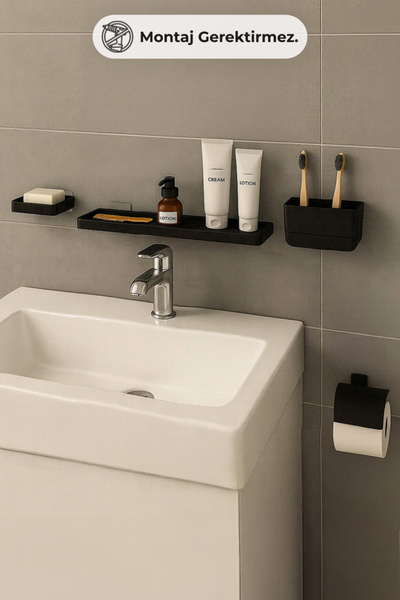 Prima Nova Moliette Yapışkanlı 4'lü Banyo Aksesuar Seti - Siyah