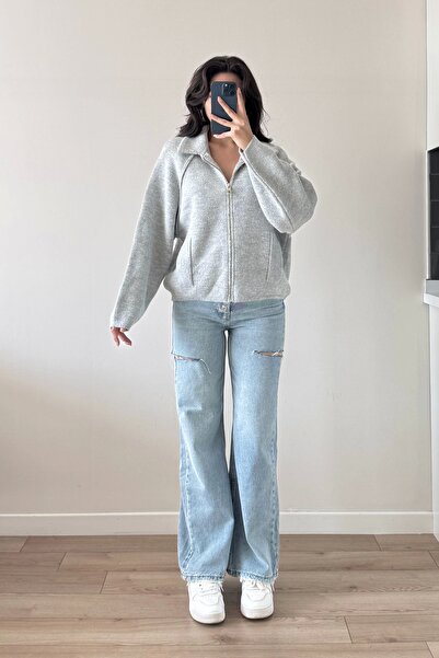 Eka Cardigan oversize gri cu fermoar pentru femei 1014-2381