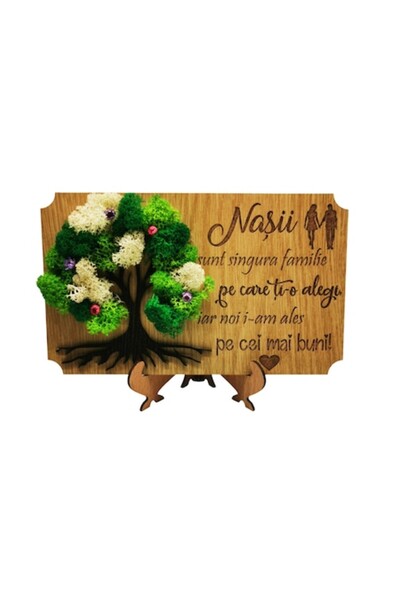 OEM Tablou gravat cu licheni și mesaj pentru nași, lemn de stejar, model 1