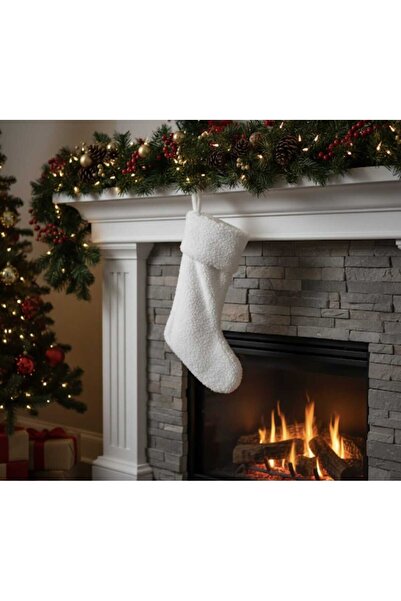 oiphome Χριστουγεννιάτικο Στολίδι Κάλτσας Τζάκι Δώρο Λευκό Λούτρινο 50 x 27