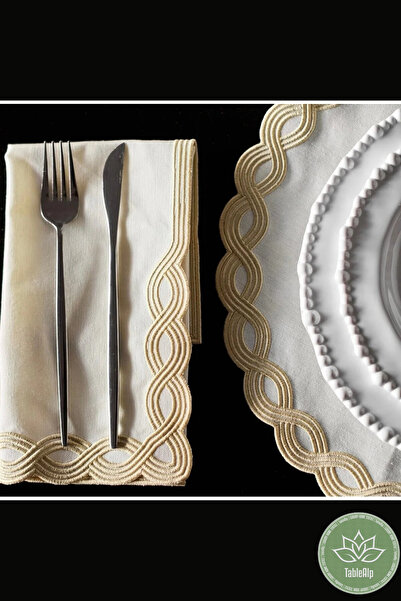 Table Alp Krem Gold Nakışlı Amerikan Servis Takımı | 6 Servis • 6 Peçete | Yuvarlak | Lüks Yemek Masası Takımı