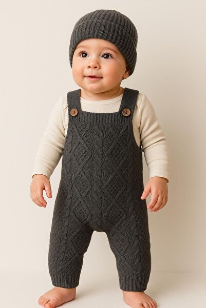 meriç bebe - bütün çocuklar melektir. mrc Baby Girl and Boy Adjustable Strap Diamond Pattern Beret Knitwear Salopet Set