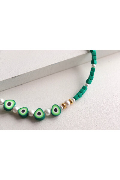 ohmygod jewelry 925 Silver Necklace made of silver plated with yellow gold, pearls and colored beads - Avocado