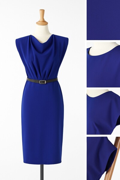 SCZ Kemer Detaylı Drapeli Saks Mavisi Midi Elbise