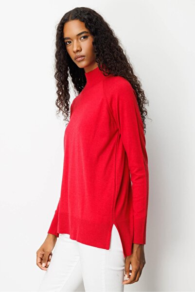 Desen Triko Kadın Yarım Balıkçı Yaka Kolları Yırtmaçlı Kazak K.Kırmızı