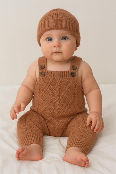meriç bebe - bütün çocuklar melektir. mrc Baby Girl and Boy Adjustable Strap Diamond Pattern Beret Knitwear Salopet Set