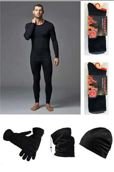 Line Smart Tutku Men's Black Thermal Underwear Set Fleece Hat Gloves Neck Gaiter 2 Pairs Thermal Socks Set