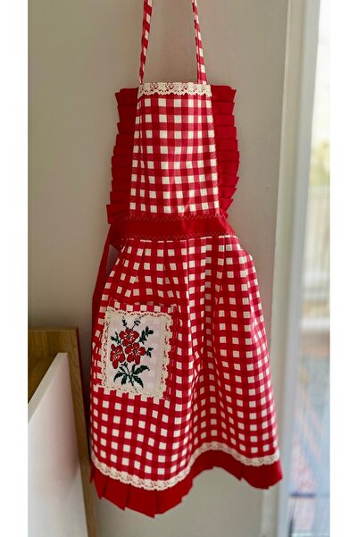 Parla Life Kırmızı Kanaviçe Detaylı Mutfak Önlüğü