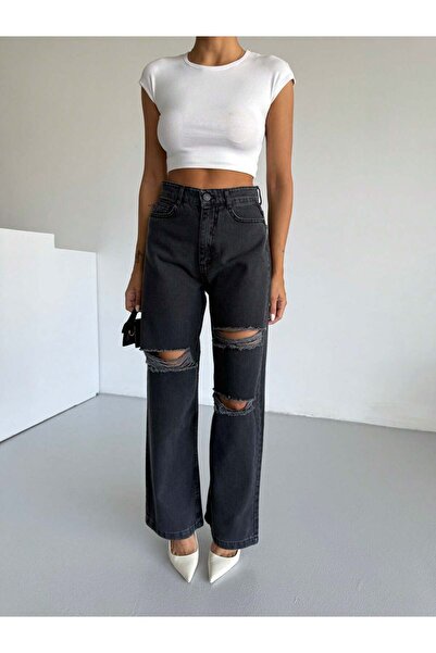 SHEVEGA Women's Smoked Double Knee Laser Ripped High Waist Loose Leg Jeans Pants