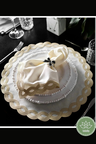 Table Alp Krem Gold Nakışlı Amerikan Servis Takımı | 6 Servis • 6 Peçete | Yuvarlak | Lüks Yemek Masası Takımı
