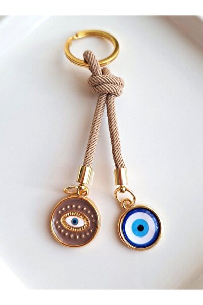 Svc Aksesuar سلسلة مفاتيح هدية مزينة بخرز العين الزرقاء بلون الحليب البني مقا...