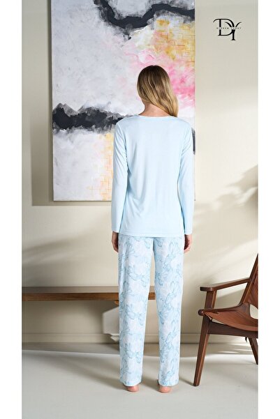 DİĞDEM YAKUT Kadın - Bebek Mavisi Uzun Kollu Düğmeli Alt Üst Pijama Takımı