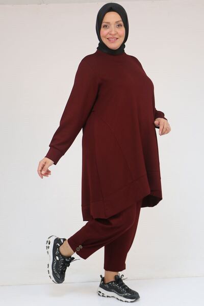 Eslina 57037 Plus Size Button Detailed Modal Trouser Suit - Burgundy
