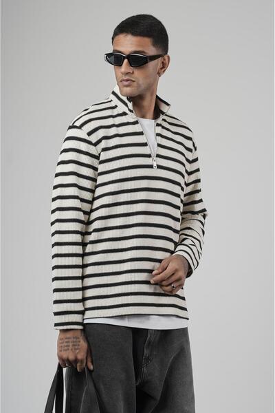king brich Half Zipper Striped Regular Fit Jacquard Sweatshirt