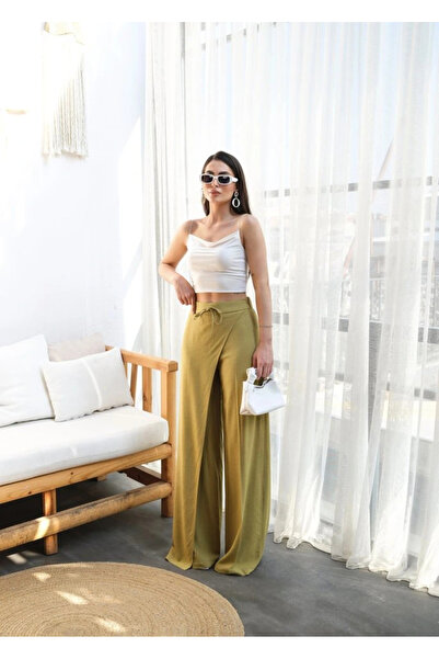 DEAG Linen Wide-Leg Pants with Crossed Front Detail, Pockets, and Laces