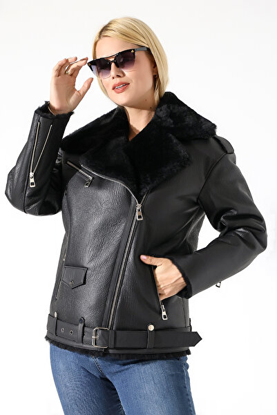 By Marki Marki Kadın Hakiki Deri Mont, Siyah, İçi Kürklü, 74 cm, İngiliz Yaka...