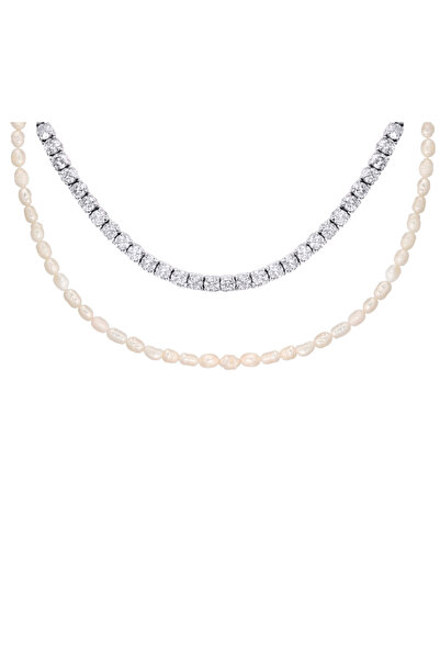 ohmygod jewelry 925 Argint Colier dublu din argint 925 cu perle de cultură și lanț tenis - Colier Jakie