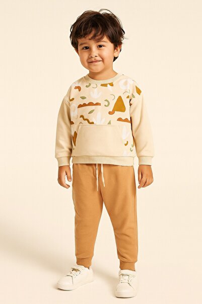 dinamik çocuk 2-6 Years Old Boys' 2-Piece Set Abstract Cloud Patterned Kangaroo Pocket Sweatshirt & Sweatpants