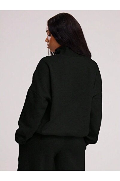 trendgar Siyah WideLeg/Geniş Paça Dik Yaka Sweatshirt /Alt Eşofman Takımı