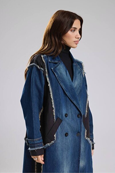 tw3 Women's Denim Garnished Woven Fabric Mixed Design Trench Coat