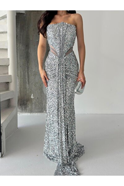 Serica Moda Silver Strapless Waist Detail Sequin Evening Dress