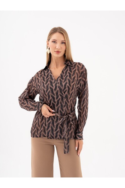 SERPİL V Yakalı Belden Kruvaze Bağlamalı Bluz 39250