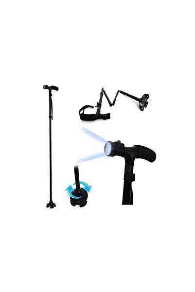 KESNUP Foldable orthopedic walking stick, 4-point ground support with pivoting and LED flashlight, Black