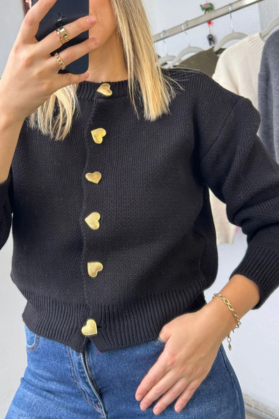 Kubos Moda Чорний кардиган з деталями у вигляді сердечок та велосипедним коміром