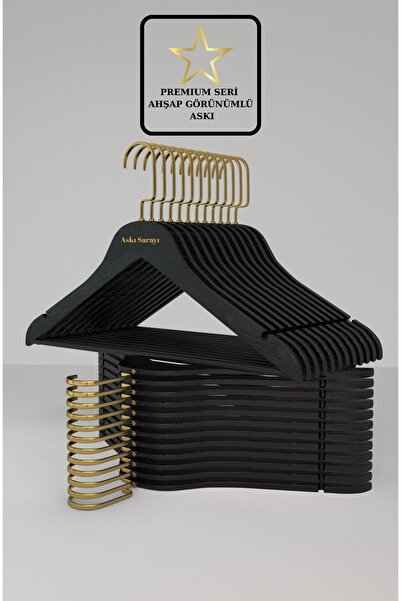 menofis Ahşap Görünümlü Siyah Askı Özel Amerikan Kancalı 12 Adet (Premium Seri)
