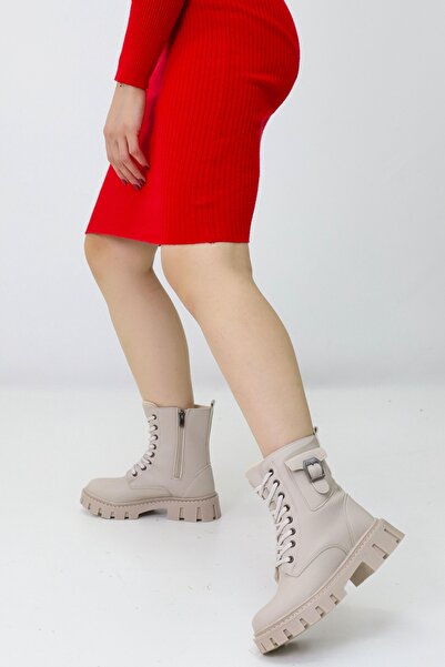 Emax Kadın Bej Kalın Taban Postal Bot – Fermuarlı Bağcıklı Cepli Tokalı Rahat Günlük Bot