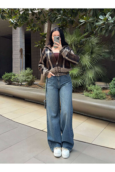 missswans Rutner High Waist Wide Leg Front Belt Detail Premium Quality Jeans Dark Blue