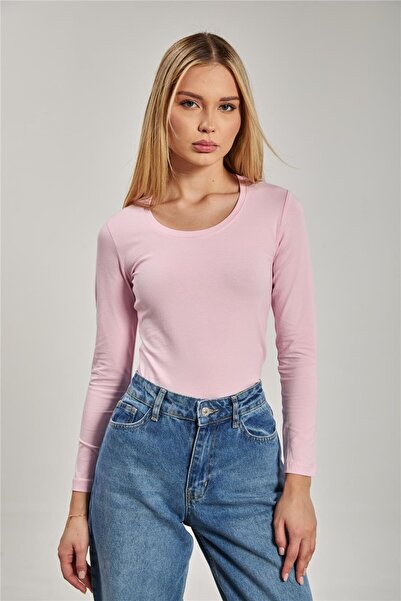BARRELS AND OIL Body cu mânecă lungă și decolteu în U pentru femei - Roz