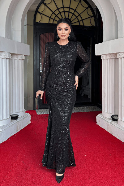 giyimmasalı Βραδινό φόρεμα με παγιέτες με λεπτομέρεια με κορδόνια - ΜΑΥΡΟ