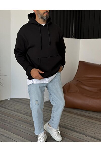 Louen lucie Men's Black Plain Hooded Oversize 3-Thread Fleece Loose Fit Hoodi...
