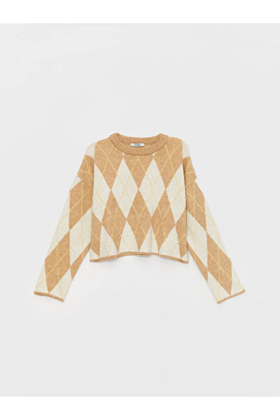 LC Waikiki XSIDEBej Baklava Desenli Oversize Kadın Triko Kazak