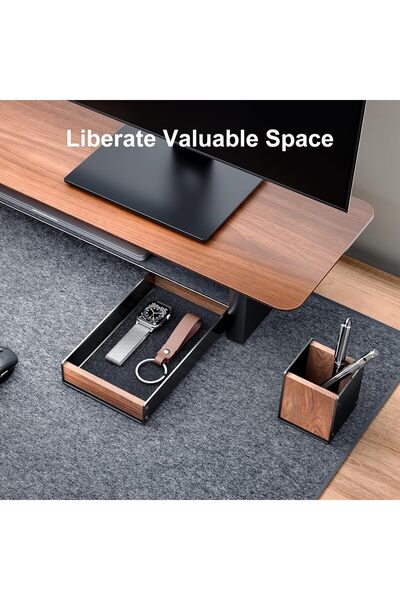 Generic SHUOSUO Walnut Wood Desk Tray with Pen Holder Set, Natural Wooden & Aluminium Desk Office Draw Organ