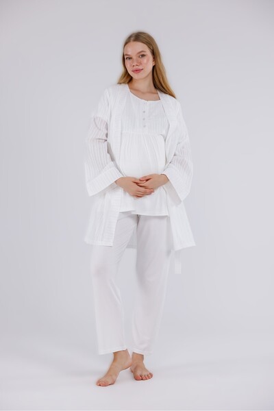 Pelin Women's Ecru Linen Maternity 3-Piece Pajama Set