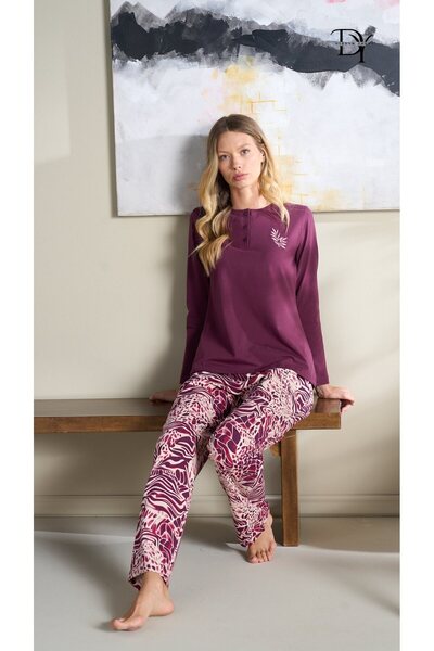 DİĞDEM YAKUT Kadın - Mor Uzun Kollu Düğmeli Alt Üst Pijama Takımı