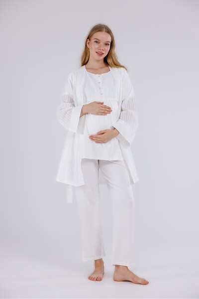 Pelin Women's Ecru Linen Maternity 3-Piece Pajama Set